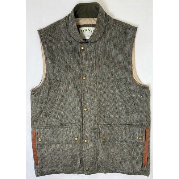 ORVIS Wool Sz M Field Vest Herringbone Tweed Leather Lined Insulated Outdoor - Picture 2 of 9